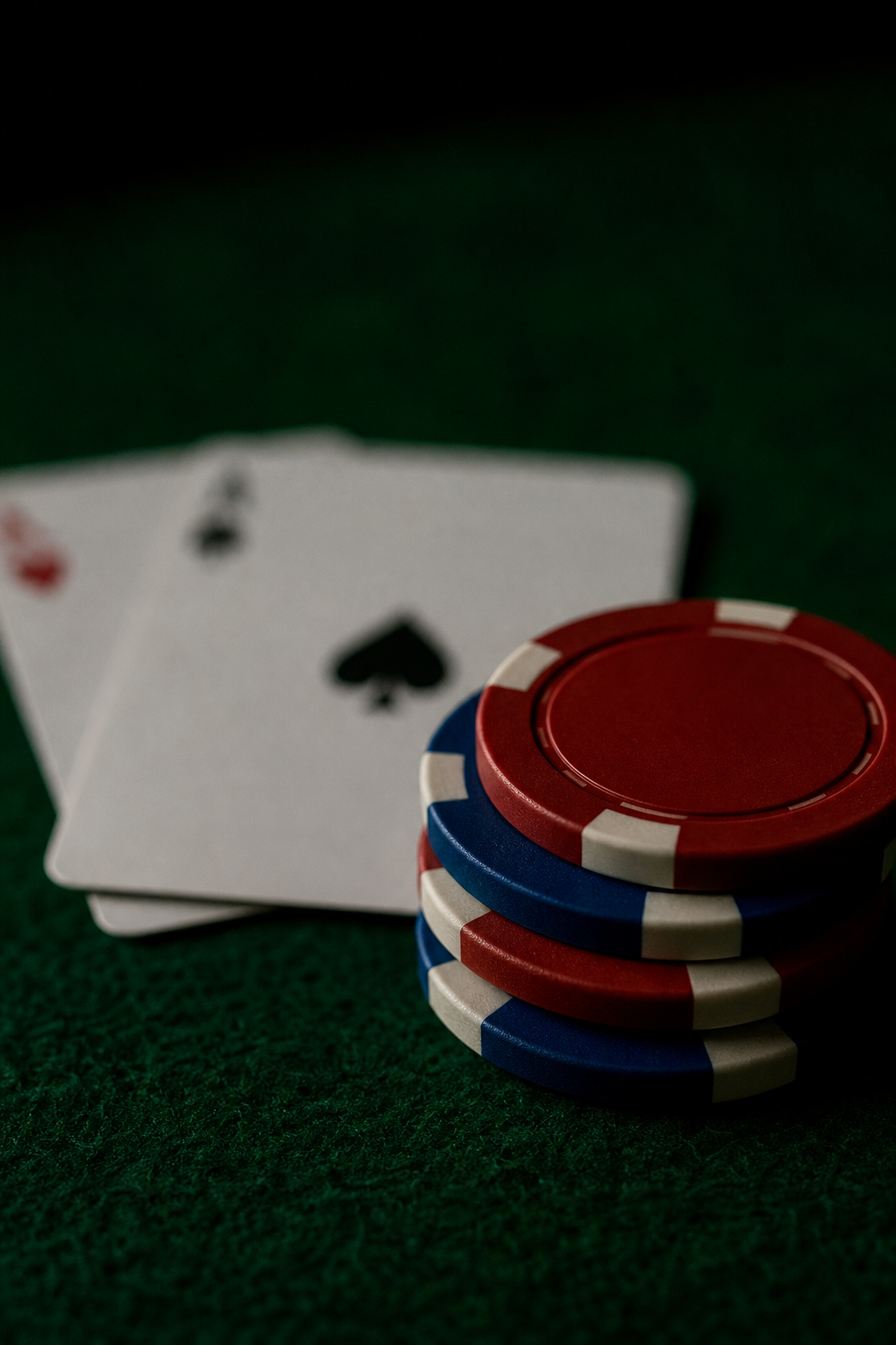 Two playing cards and a small stack of chips on green felt, seen up close
