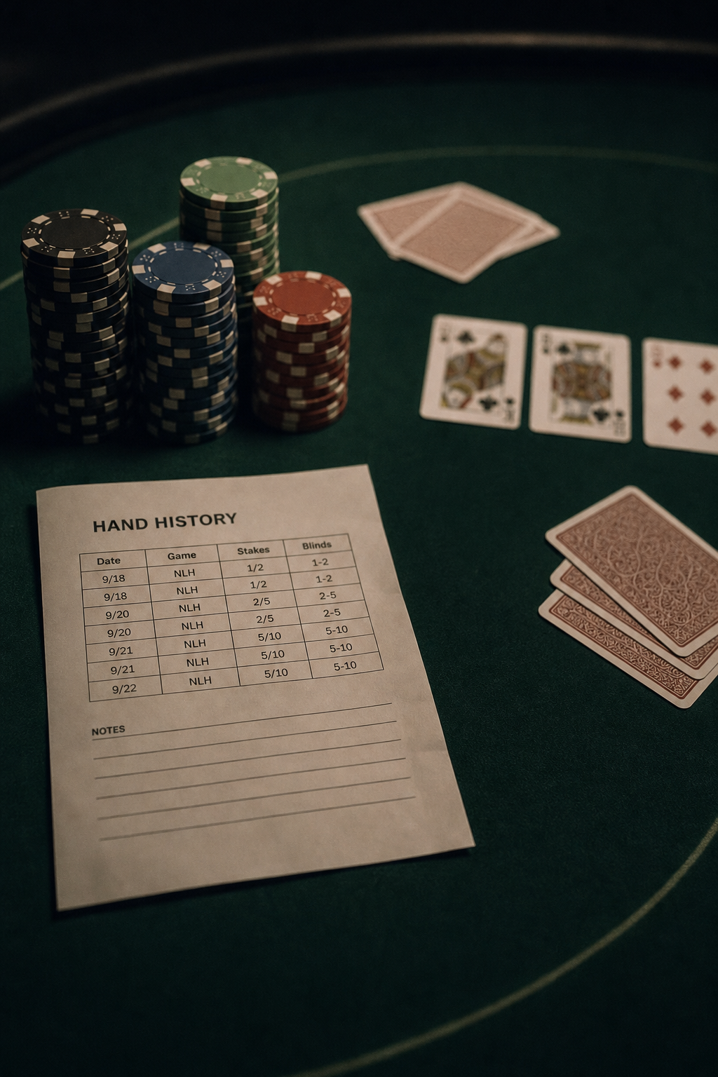 A poker table from above at night: stacks of chips, playing cards and a printed hand history on deep green felt