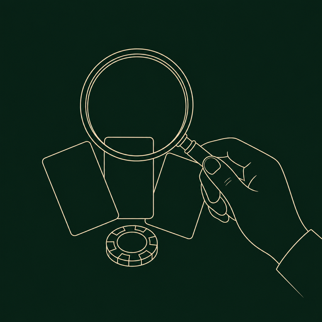 Line drawing of a magnifying glass over three playing cards and a chip