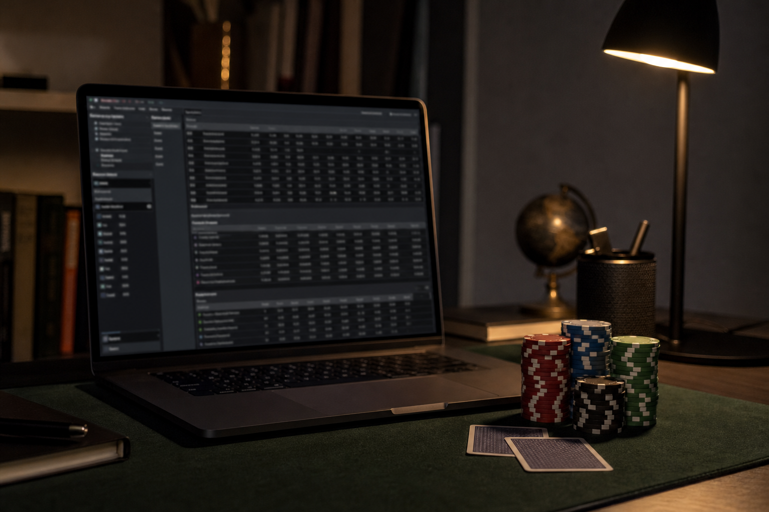 A dim desk at night: laptop, a stack of chips and two cards on a green felt mat