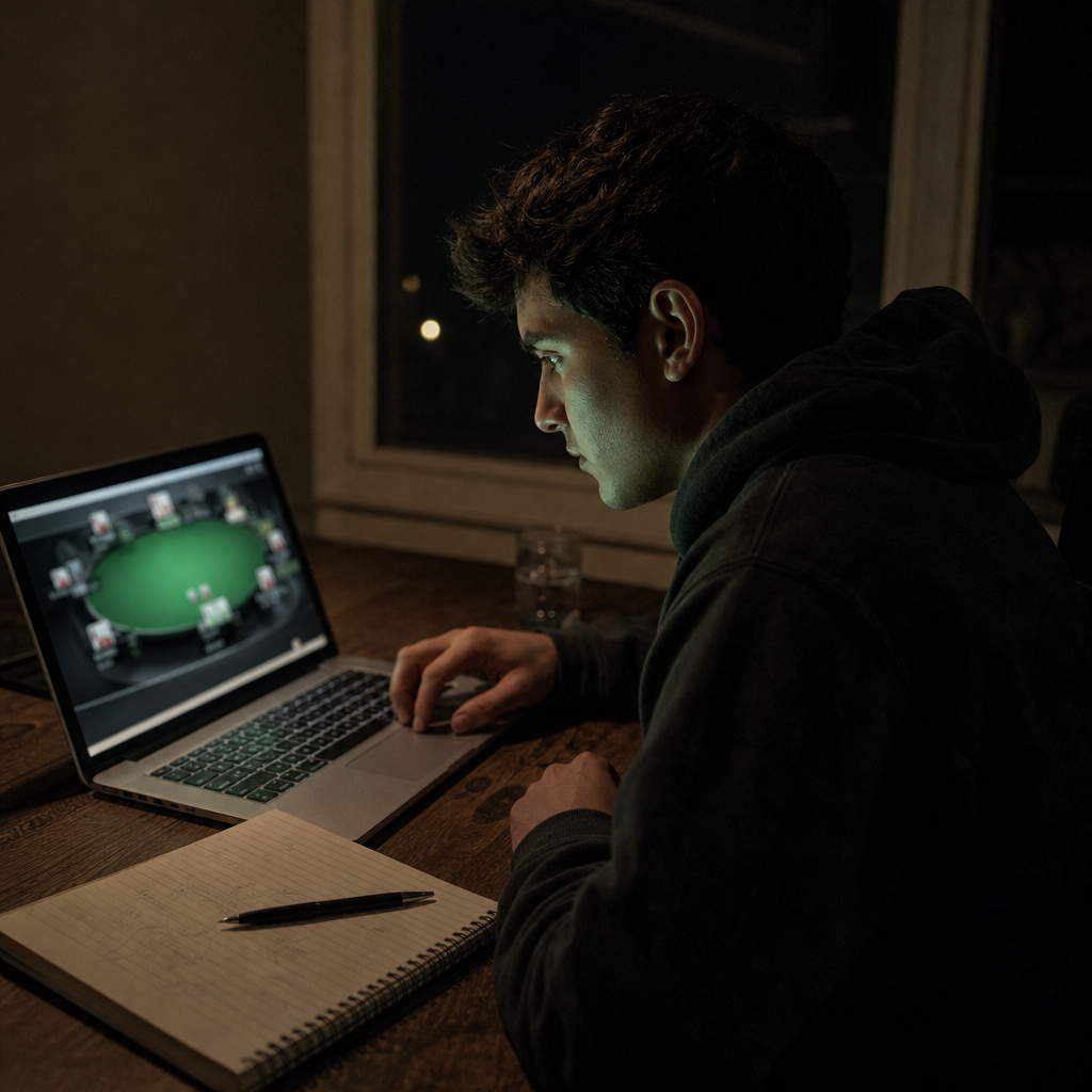A player reviewing a poker session on a laptop at night, green screen glow